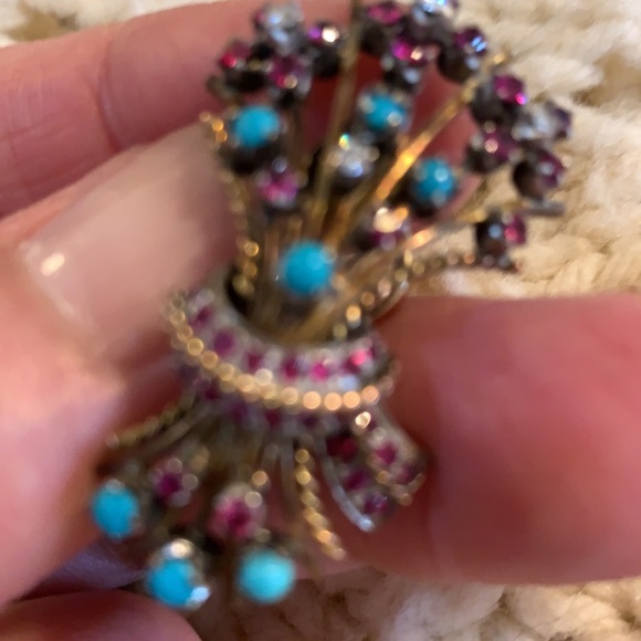 Vintage Earrings Rubies Diamonds & Turquoise - Picture 2 of 7